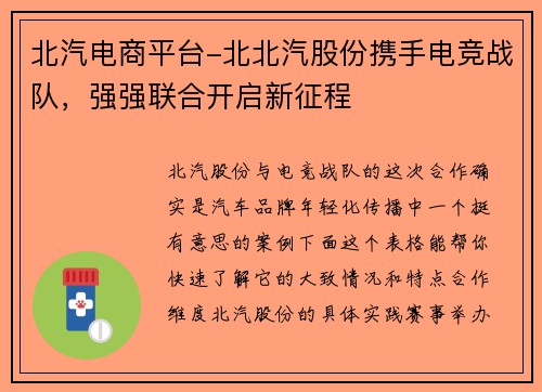 北汽电商平台-北北汽股份携手电竞战队，强强联合开启新征程